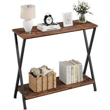 Mesa consola para recibidor, mesa auxiliar estrecha de 2 niveles con estructura metálica en forma de X, mesa de estilo industrial para pasillo con estante de almacenamiento, mesa decorativa delgada de madera para sala de estar, pasillo y vestíbulo. - Óxido marrón - Ver 1