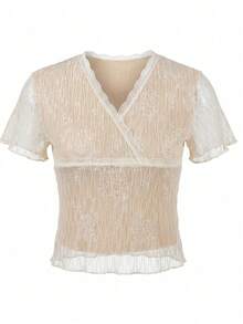 收腰V领蕾丝上衣，设计优雅合身，风格百搭，适合夏季穿着。 - 杏色 - 查看 3