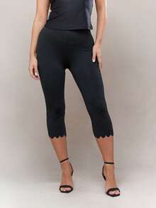 Women's Casual Elastic Capri Leggings, Solid Color Knit Polyester, Asymmetric Hem With Elastic Waist, Suitable For Spring/Summer - Black - View 1