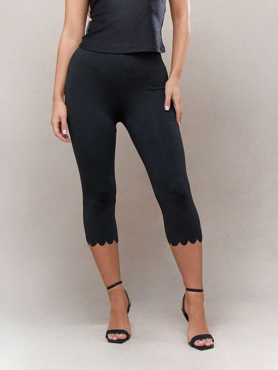 Women's Casual Elastic Capri Leggings, Solid Color Knit Polyester, Asymmetric Hem With Elastic Waist, Suitable For Spring/Summer - Black - View 1