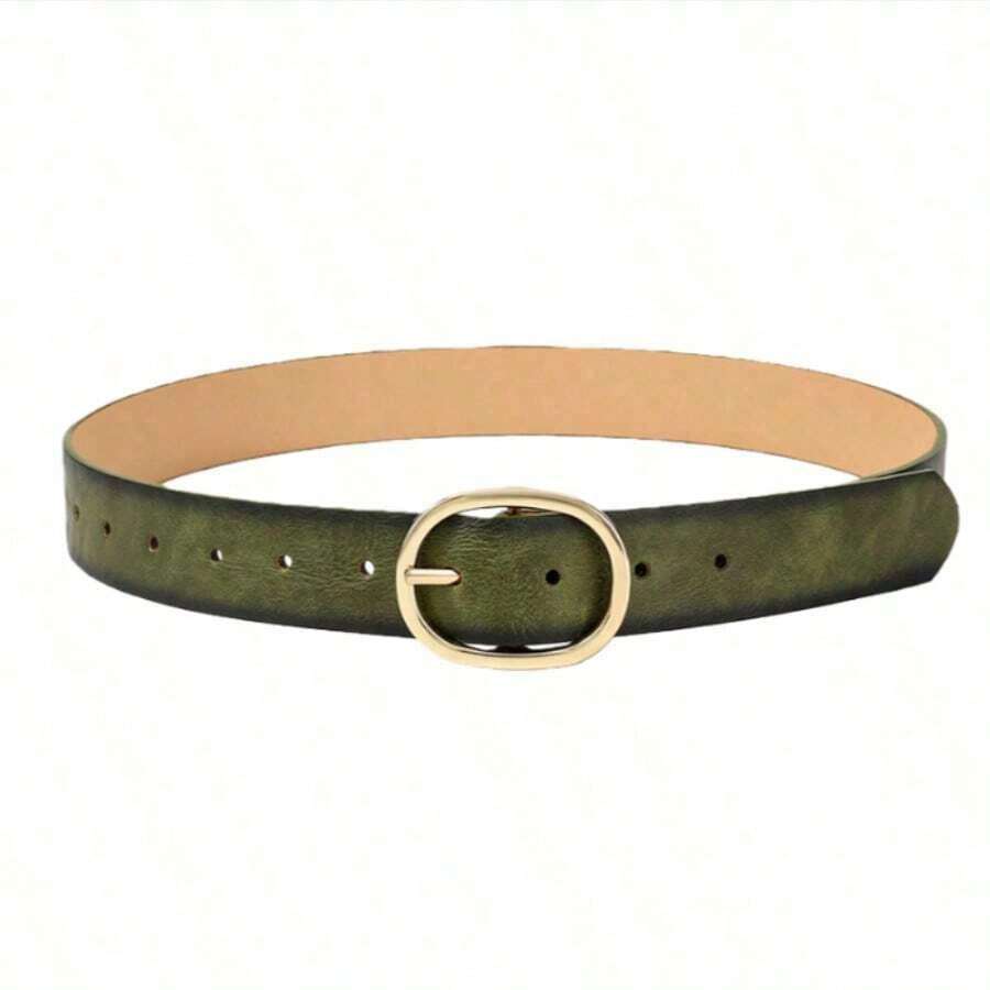 Oval Buckle Belt For Women - Casual Leather Belt For Everyday Wear| Versatile Waist Belt For Jeans, Pants, Dresses, Perfect For All Seasons - 橄欖綠 - 查看 1