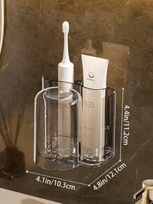 1pc Transparent Toothbrush Holder, Compartmentalized Wall-Mounted Storage Rack, Multi-Functional Bathroom Storage Accessory, Creative Drill-Free Bathroom Organizer For Storing Toothbrush Supplies, Combs And Razors, Home Bathroom Decor - Clear - View 4