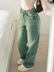 Quần jeans ống đứng nữ kiểu dáng giản dị, thiết kế tối giản, đa năng phù hợp mọi mùa. - Rửa trung bình - Xem 5