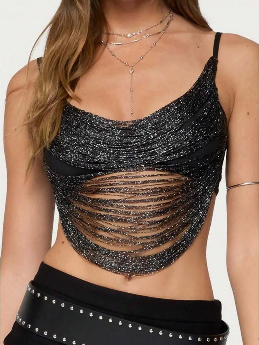 Women Y2k Tassel Draped Front Camisole Sexy Backless Criss Cross Slim Fitted Fringe Crop Top Night Out Party Clubwear Women's Sparkly Sequin Spaghetti Strap Crop Top Sleeveless V Neck Rave Tank Vest Clubwear - 黑色 - 查看 1