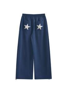 Retro American Star Embroidery Casual Sweatpants, Women Straight Leg Wide Leg Maxi Pants Spring - Navy Blue - View 3
