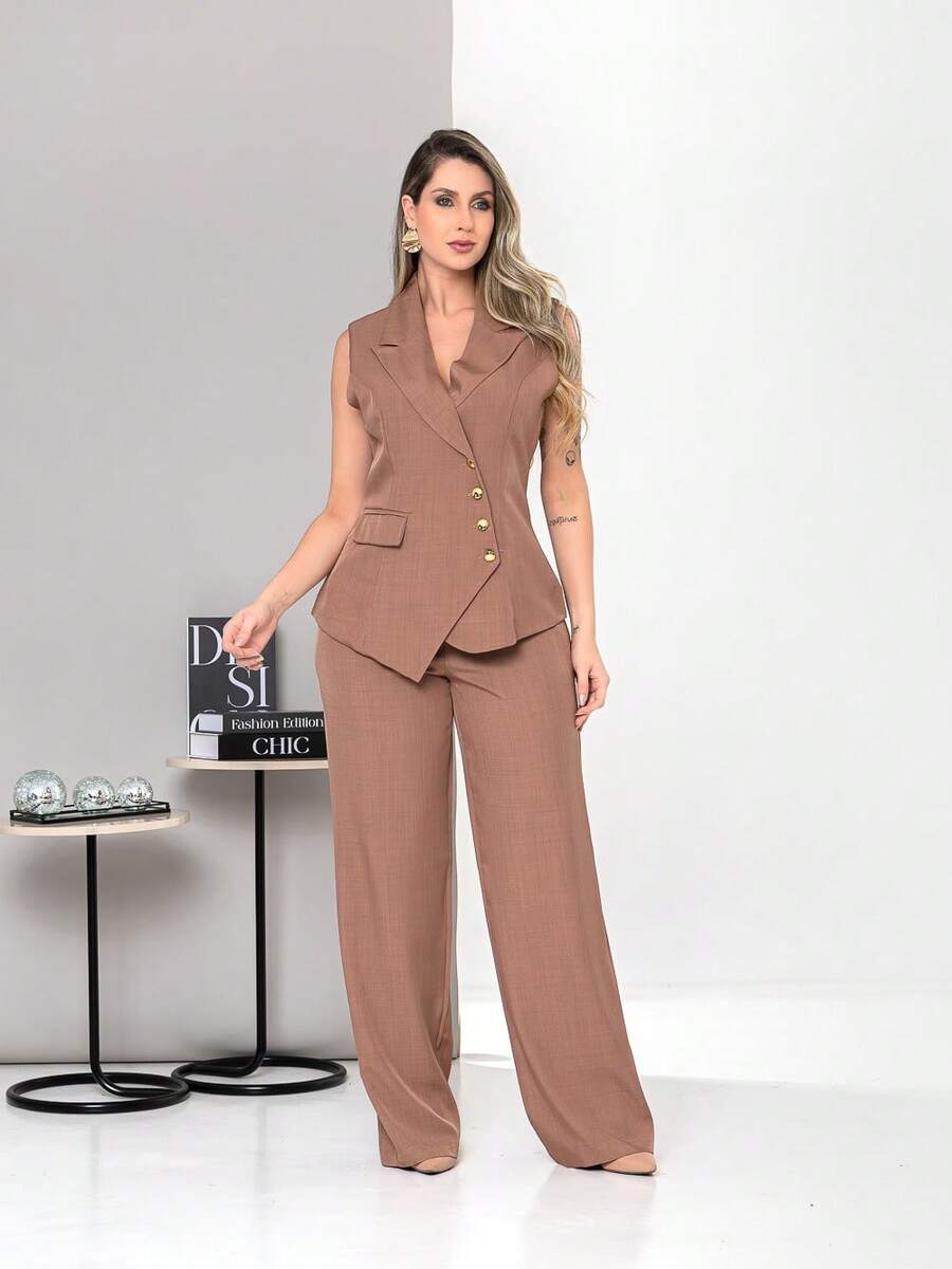 New Tailored Set Consisting Of Vest And Wide-Leg Trousers C6608 - Mocha Brown - View 1