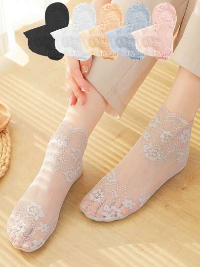 1/5/10 Pairs Of Women's Transparent Summer Soft And Comfortable Solid Color Breathable Anti Slip Flower Lace Short Tube Socks