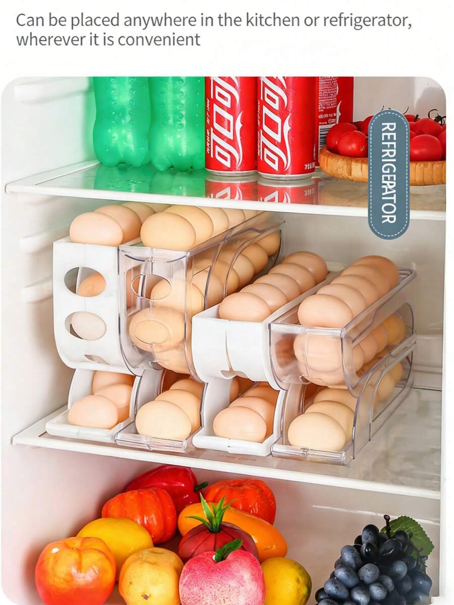 4-Tier Automatic Egg Roller Rack, Refrigerator Egg Storage Box, Container, Kitchen Fridge Egg Dispenser, Refrigerator Organizer - Multicolor - View 1