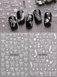 2片闪亮银色蝴蝶结和流星5D 3D美甲贴纸 - 简约优雅3D闪光美甲贴 - 自粘美甲装饰，适合日常/婚礼/派对/音乐节/春夏DIY美甲 - 彩色 - 查看 1