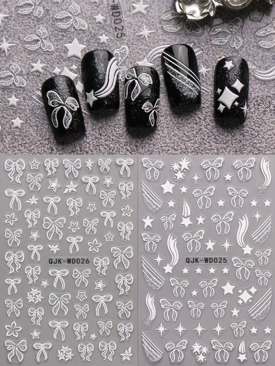 2片闪亮银色蝴蝶结和流星5D 3D美甲贴纸 - 简约优雅3D闪光美甲贴 - 自粘美甲装饰，适合日常/婚礼/派对/音乐节/春夏DIY美甲 - 彩色 - 查看 1