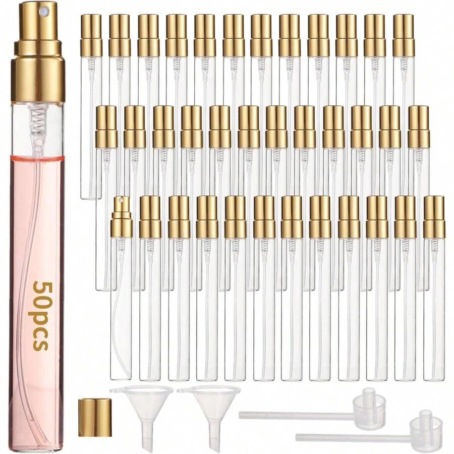 5/10/20/30/50Pcs 10ml Refillable Glass Perfume Spray Bottles, Mini Portable Travel Sample Containers, Fine Mist Atomizer For Liquids Essential Oils, Gold - Gold - View 1