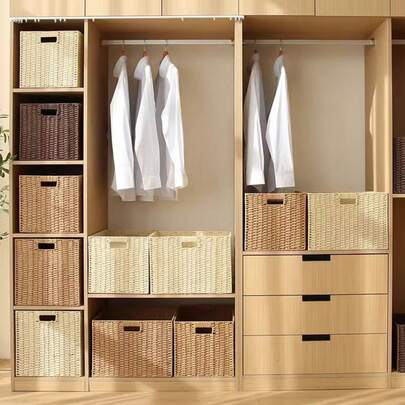 سلة تخزين منسوجة منزلية بمقبض مفرغ، سلة غسيل كبيرة السعة، منظم خزانة للأشياء المتفرقة، لتخزين الملابس والألعاب والديكور، مناسبة للغرفة المعيشية والنوم والمطبخ والسكن الجامعي والمكتب، صندوق تخزين للمستحضرات التجميلية، صندوق تخزين، سلة، تنظيم التخزين، تخزين الغرفة