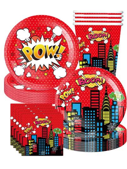 10pcs Cartoon City Hero Birthday Theme Party Plates, Paper Cups, Party Tableware, Birthday Party Supplies, Camping Travel, Camping Essential