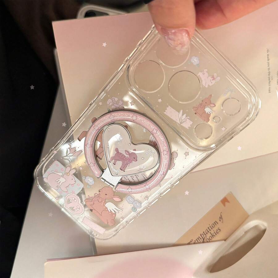 GUCADI Transparent Magnetic Pink Rabbit & Deer + Gold-Plated Deer Heart-Shaped Magnetic Stand Phone Case, Compatible With IPhone 17 Pro Max, 16, 13, 15, 17. Transparent Gold-Plated Magnetic Stand, Painting Style, Original Design, Girly, Creative, Geometric, Cartoon Style, Cute, Fresh, Niche, Ins Style. - Clear - View 1