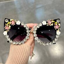 Fashionable Cat-Eye Glasses, Suitable For Both Men And Women - Purple Gradient Lenses, Paired With Large Floral And Gemstone Details, Perfect For Sparkling Parties. - 黑色 - 查看 5