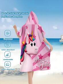 1件独角兽系列印花浴巾，趣味魔法时光星独角兽图案连帽斗篷，卡通图案连帽浴袍，涤纶材质，吸水性强，可穿戴浴巾，柔软连帽浴巾，沙滩泳池浴巾，男女通用浴袍，浴室用品，沙滩必备，户外装饰 - 彩色 - 查看 4
