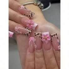 10pcs - Y2K Style Leopard Print Pink Flower Press On Nails, Pink Flower Gold Bead Square Nails - Leopard Print Design, Nude Pink Gradient, Sparkling Diamond Embellishment Fake Nails - Essential Nail Art For Autumn And Winter, Suitable For Daily, Party, And Outdoor Use - The Best Gift For Ladies And Women Nail Supplies - 彩色 - 查看 4