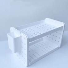 1个白色双层镂空桌面收纳架，笔筒兼储物架，办公桌配件，卧室装饰，浴室收纳，桌面用品 - 白色 - 查看 6