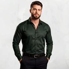 Men's Satin Shirt Premium Fabric Simple Regular Fit Button - 軍綠色 - 查看 8