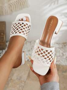 Sandal nữ đế chunky mũi vuông rỗng dệt kim, màu trắng, thoáng khí, thích hợp đi biển, dự tiệc ngoài trời mùa hè. - trắng - Xem 7
