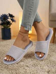 秋冬女士亚麻室内拖鞋，夏日小屋防滑加厚亚麻平底凉鞋，软底，毛绒拖鞋 - 藍色 - 查看 2