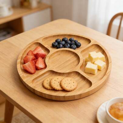 1 pieza Bandeja de madera dividida en 5 compartimentos, Bandeja multiusos para frutas y aperitivos, Bandeja de bambú, Textura de bordes redondeados suaves, Plato de servir natural, Decoración para fiestas en el hogar