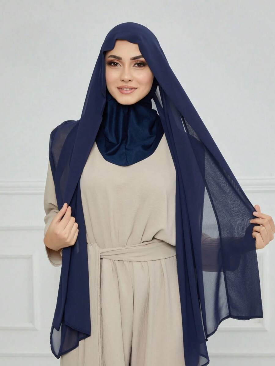 1pc Instant Hijab - Jersey Hijab Scarf With Neck Wrap, Silky Soft Breathable Fabric, Suitable For Daily Wear, Festivals, Prayers, Pilgrimage, Paired With Abaya - Navy Blue - View 1