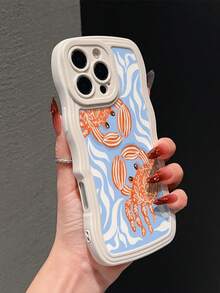 1pc Fashionable Asymmetrical Leaf Striped Crab Painted Pattern Phone Case, Wavy Curved Edge TPU Shockproof Scratch-Resistant Soft Shell Compatible With Apple 11/12/13/14/14Plus/15/15Plus/16/16Plus/7/8Plus/17/17Pro And Other Models - Multicolor - View 3