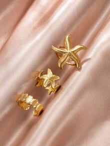3件套度假风金色戒指套装，包含3D海星和贝壳纹理设计，清新海洋气息，适合女性日常、约会、派对、节日佩戴，亦可作为礼物搭配。 - 金色 - 查看 1