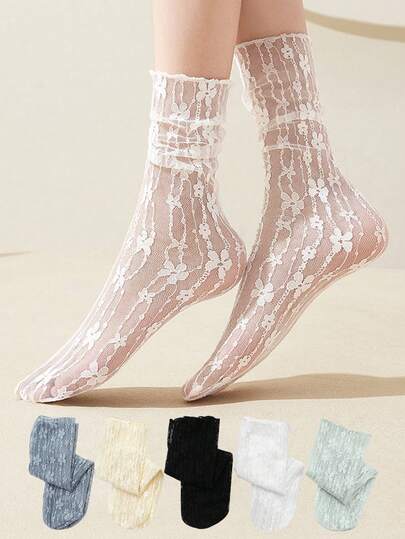 chuanwa（2） 1/5/10 Pairs Women's Fashion Thin Lace Lolita Style Sexy Soft Socks, Breathable For Summer