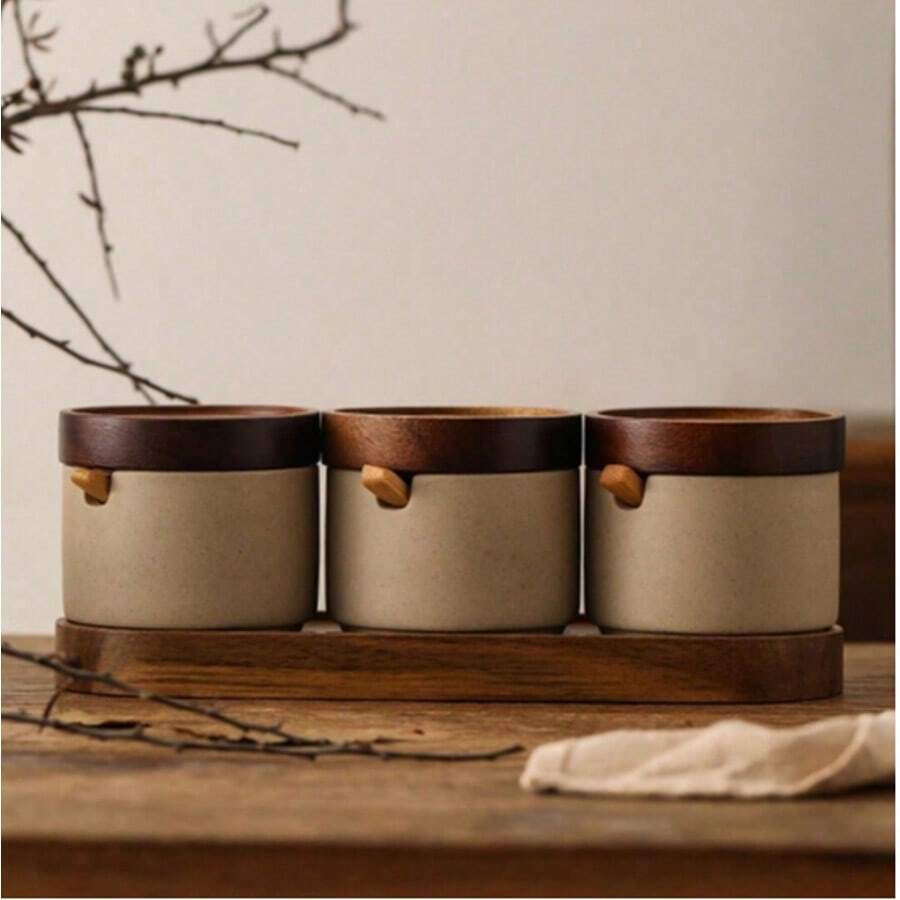 Bộ 3 hũ đựng gia vị bằng gốm sứ kiểu Nhật cổ điển - Hũ đựng gia vị bằng gốm có nắp và thìa, hũ đựng muối và đường nhà bếp có khay, hũ đựng gia vị. - Nhiều màu - Xem 1