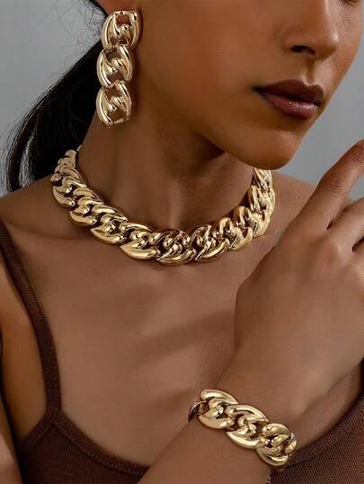 1 Set 2026 Exaggerated Chain Earrings, Bracelet, Necklace Leopard Print Jewelry Set, Suitable For Daily Wear, Party, Wedding, Mother's Day, Ramadan