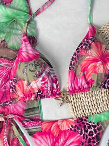 3pcs Plus Size Leopard Print Floral Sexy Swimsuit Set, Metal Starfish Decor, Removable Pads, Women Summer Dress, Holiday Outfit, Dress, Ibiza Clothing, Women Swimwear, Bikini Set, Ladies Swimsuit, Beach Wear, Holiday Set, Beach Dress, Women Bikini Set, Swimsuit Vacation - Multicolor - View 5