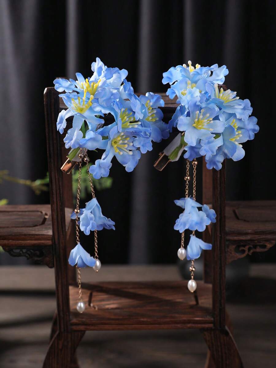 2pcs Faux Hydrangea & Cherry Blossom Tassel Hair Clips, Decor For Girls, Suitable For Performances, Vacations, And Photo Shoots - Blue - View 1
