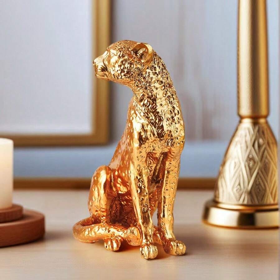[Retro Gold Leopard] Gold Resin Leopard Figurine, 1 Piece, Retro-Style Desktop Decoration, Suitable For Study, Office, And Hotel Decoration. - Multicolor - View 1