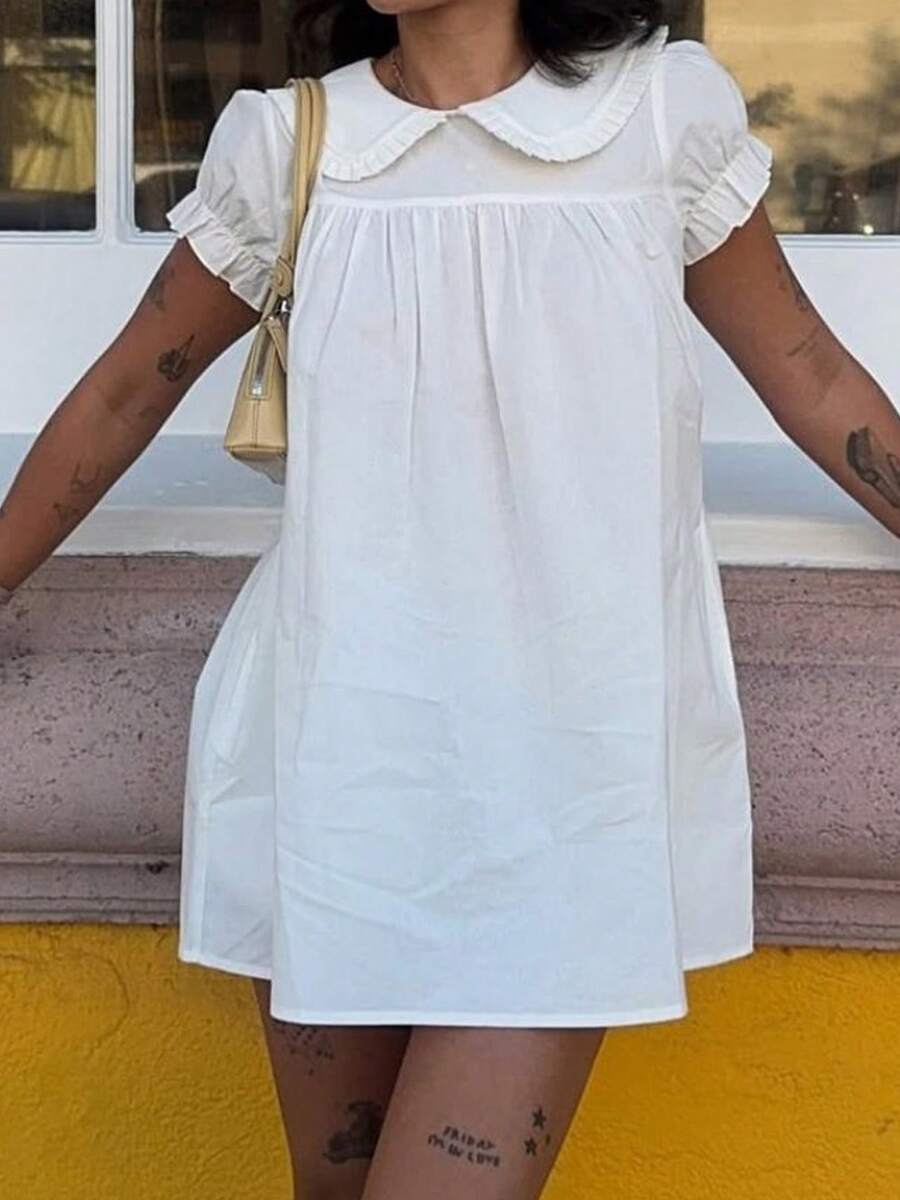 Women's Short Sleeve Babydoll Mini Dress Peter Pan Collar Ruffle  Flowy A Line Dresses Y2K Summer Loose Swing Going Out Short Dresses Streetwear - 白色 - 查看 1