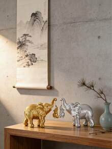 Estatua de elefante de buen augurio - Elegante estilo dorado/plateado, escultura de resina con decoración dorada/plateada, decoración de arte moderno adecuada para estantería, sala de estar, oficina y cafetería; decoración del hogar exquisita; decoración del hogar simbólica para mejorar el ambiente interior. Regalo de vacaciones - Multicolor 3 - Ver 4