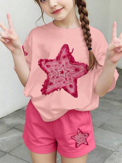 女童短袖印花T恤+短裤两件套，休闲简约两件套，适合春夏日常穿着