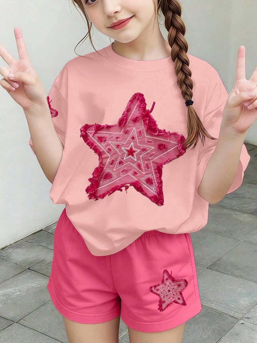 女童短袖印花T恤+短裤两件套,休闲简约两件套,适合春夏日常穿着 - 玫紅色 - 查看 1