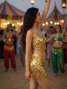 闪亮金色亮片肚皮舞服装套装 - 性感露背流苏胸衣上装和流苏臀巾 - 闪亮裹身表演服，适合锐舞派对、嘉年华和夜总会 - 彩色 - 查看 4