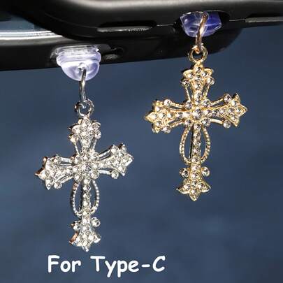1pc Rhinestone Cross Dust Plug, Fashionable Exquisite Baroque Gothic Retro Hollow Design, Transparent Silicone Phone Earphone Tablet Kindle Dust Plug, Suitable For Type-C/Apple Lightning, Phone Charging Port Anti-Lost
