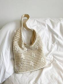 镂空编织手提包，手工钩编休闲单肩包，大容量度假风 - 米色 - 查看 11
