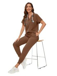 Surgical Uniforms Woman Scrub Set Nurse Beauty Salon Workwear Clinical Scrubs Top Pants Sets Spa Doctor Nursing Clinical Suit - màu nâu - Xem 5