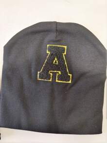 必买！1顶婴儿黑色针织帽，A-Z金色字母标签彰显个性，柔软弹力，多功能头部保护帽。 - 黑色 - 查看 6