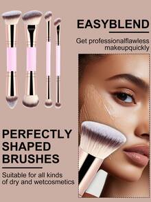 YZIMENG 10pcs Makeup Brush Set, 4 Double-Sided Makeup Brushes With Flat And Round Tapered Bristles For Applying Liquid Foundation, Powder, Blush, Concealer, 6pcs Makeup Sponges Including 2 Water Drop , 2 Triangle Velvet Powder Puffs, 2 Mini Finger-Shaped Air Cushions - Pink - View 2