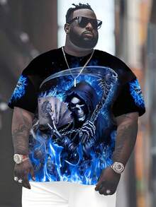 Plus Size Men's 3D Blue Flame Skull Print T-Shirt - Black Casual Round Neck, Geometric Pattern, Slightly Stretchy Knit Fabric, Summer Tee, Suitable For Adults And Teenagers, Casual Summer Wear | Skull Pattern Tee | Stretchy Knit Fabric, PLUS SIZE - Multicolor - View 5