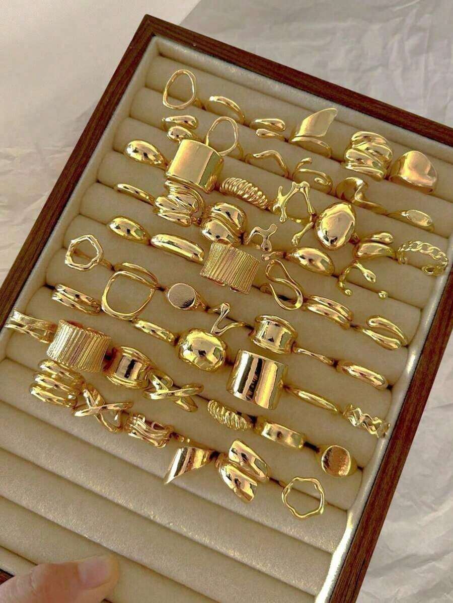 15pcs/Set Assorted Fashionable Thick Asymmetric Geometric Metal Rings Set For Women, Suitable For Daily Matching - 金子 - 查看 1