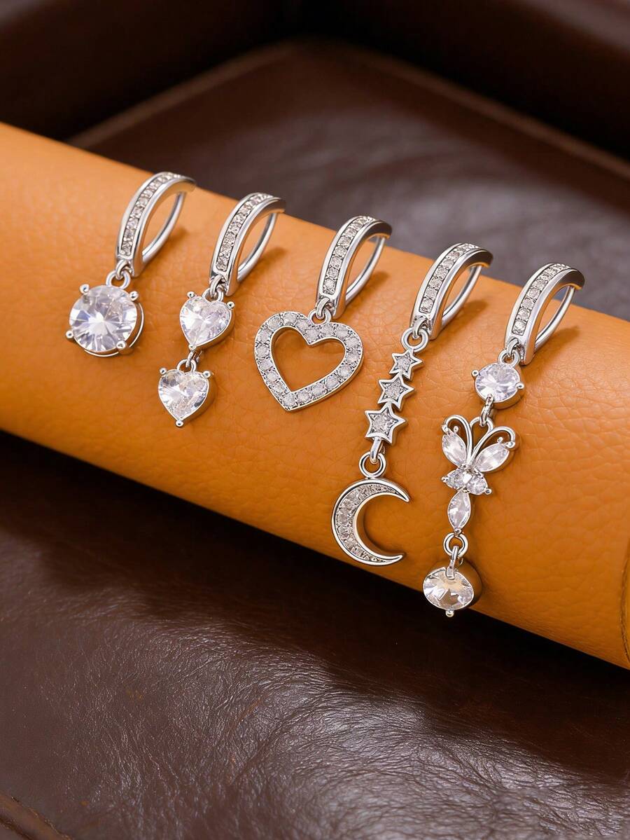 5 chiếc khuyên rốn bằng đồng đính đá Zirconia hình trái tim, bướm, trăng, thích hợp cho nữ đeo hàng ngày. - Bộ 5 món - Xem 1