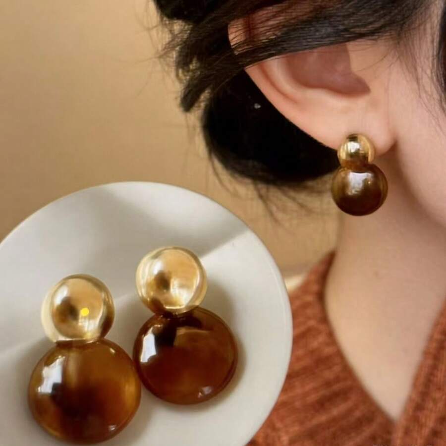 一对大理石纹圆形耳环，港式时尚耳环，轻盈奢华的高端耳环 - 棕色 - 查看 1