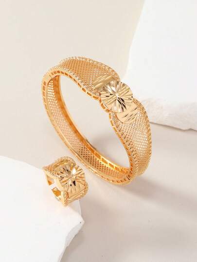 2件套24K镀金铜中东斋月手链和戒指套装，3D立体网格纹理，复古奢华派对配饰